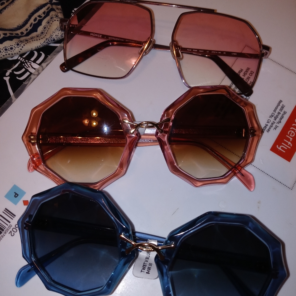 $50 Ea. Morganthal Frederics Sunglasses-  2 round and 1 square frame.